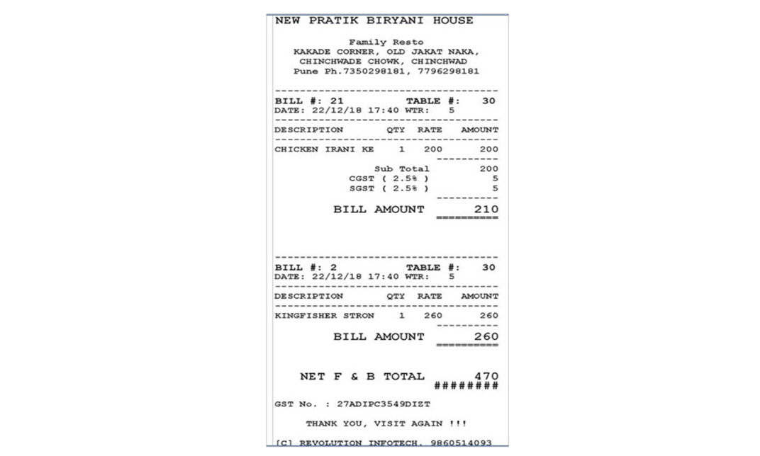 Print for Food and Beverage Bill.